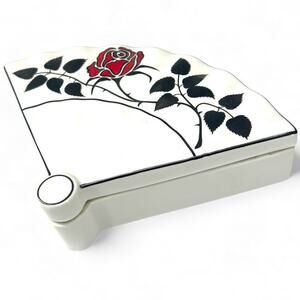Vintage 70's porcelain fan-shaped trinket box rose leaf hand painted jewelry